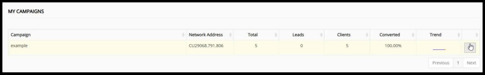 My Campaigns table with campaign row showing Network Address, Total, Leads, Clients, Converted columns